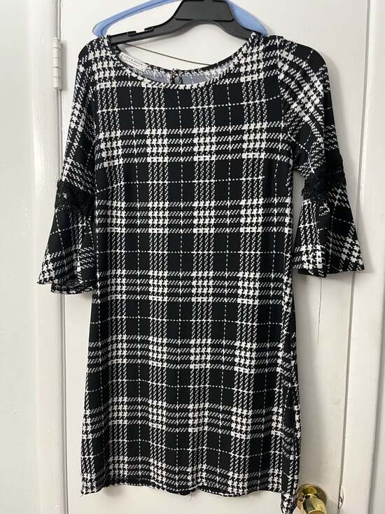 Jon & Anna Dresses & Skirts - Jon & Anna Contemporary Black and White Plaid Dress with Bell Sleeves and Lace T